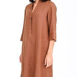 Rosso35 Cognac Tan Brown Linen ¾ Sleeve Mini Shirt Dress